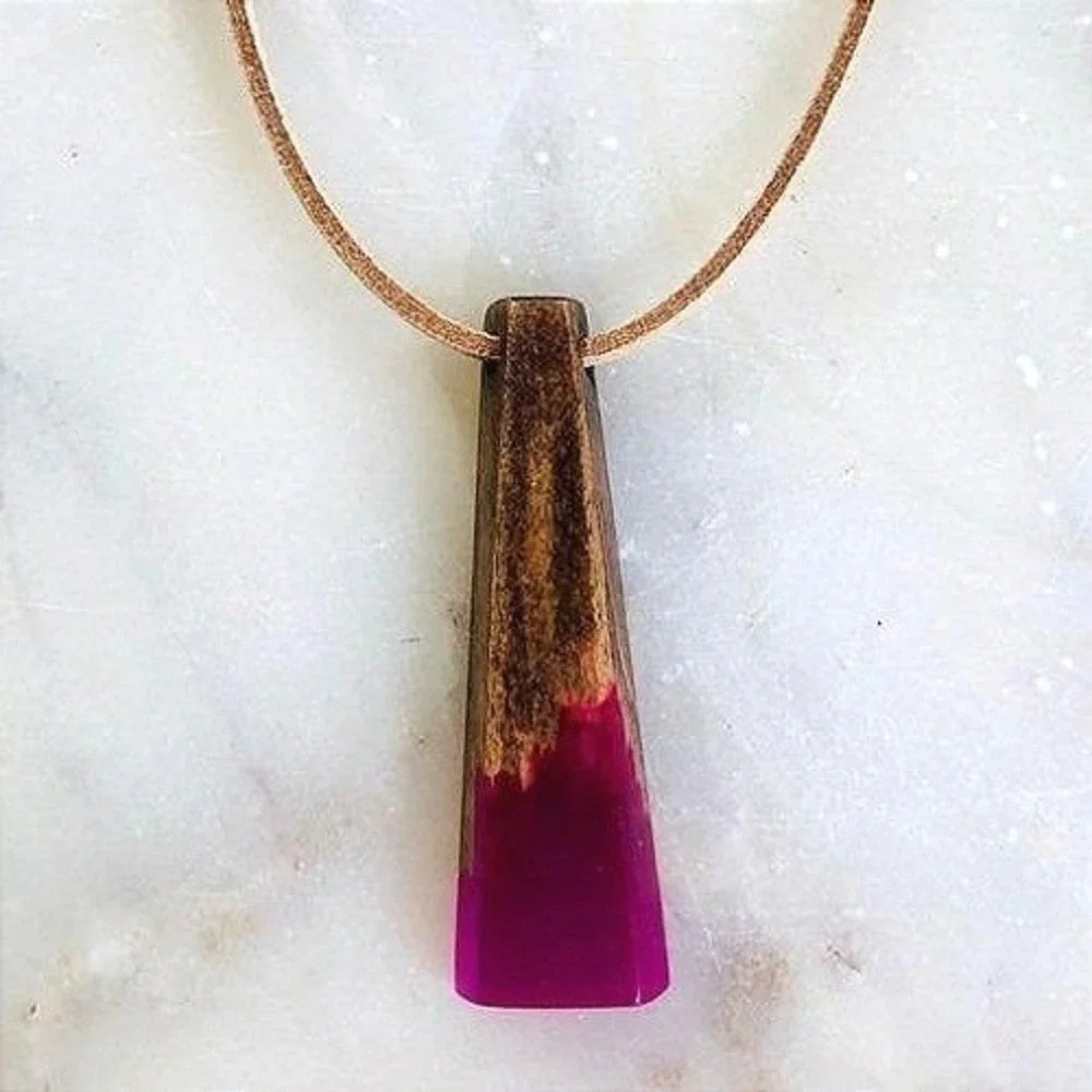 Handmade Wood and Magenta Resin Geometric Bar Pendant Necklace Tan Cord